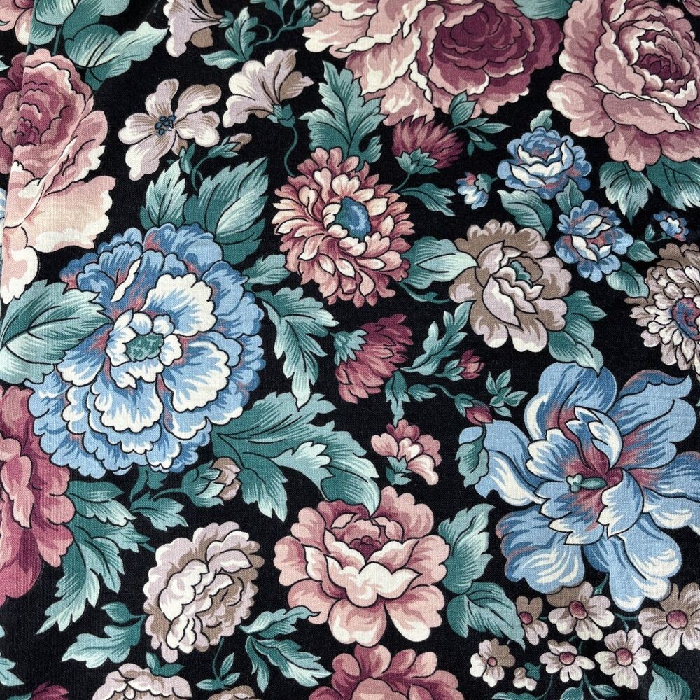 6+ yds VTG 90s March Designs Fabric Pink & Blue Flowers Black Background Cotton